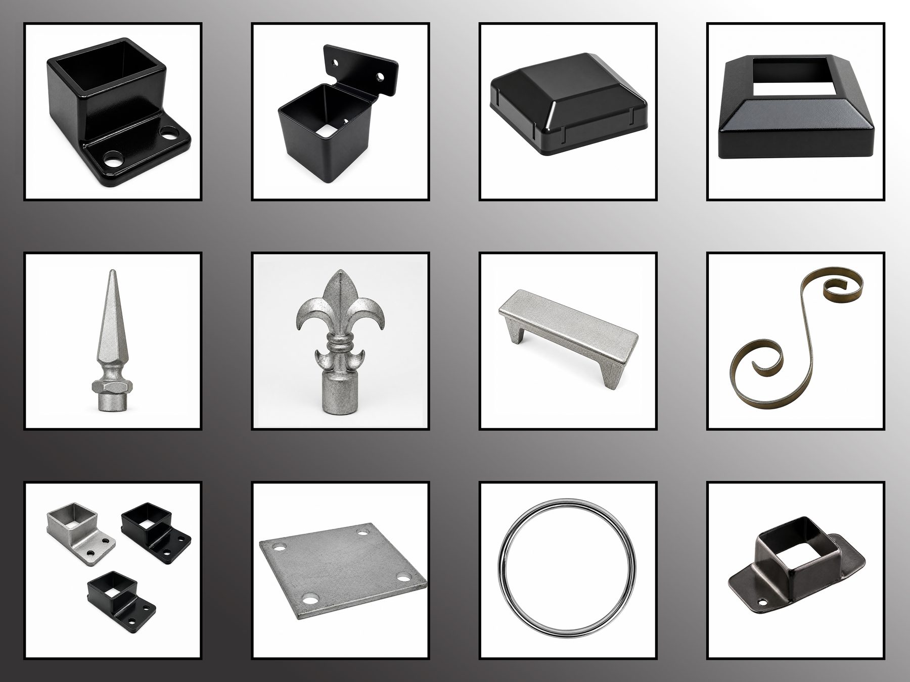 Fencing accessories and hardware: post caps, brackets, finials, mounting plates and fixings